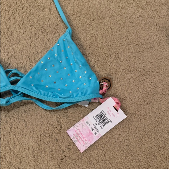 LoveShackFancy x Hurley Rhinestone Triangle Bikini Top // Turquoise (M) - Picture 4 of 4